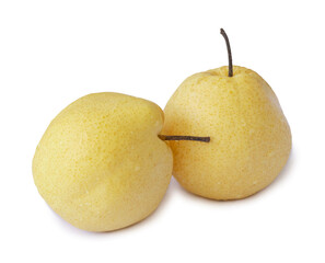 Two fresh yellow Chinese pears isolated on white background with clipping path and shadow in png file format