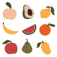 For posters, decorations. Abstract fruit shapes art print elements. Minimalistic orange, avocado, apple, peach, watermelon, banana, mango, pear and lemon vector illustration.
