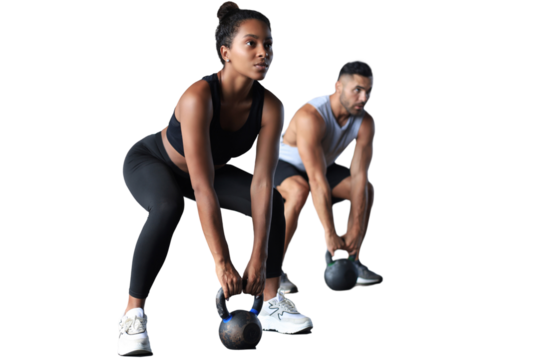 Fit and muscular couple focused on lifting a dumbbell during an exercise class on a transparent background