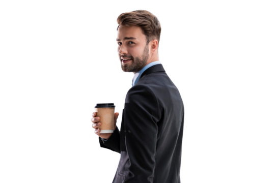Businessman walking in office corridor with takeaway coffee on a transparent background