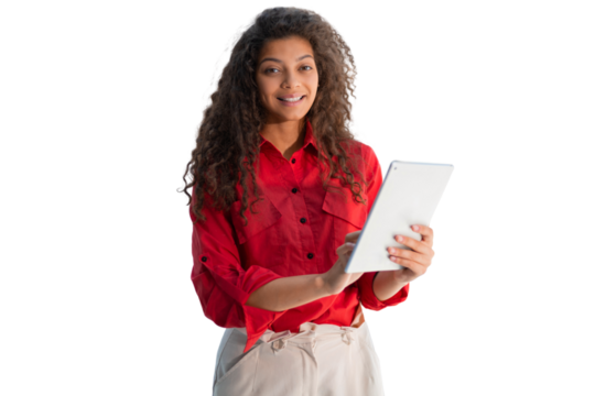 Attractive businesswoman in red shirt looking at camera while standing on a transparent background - Powered by Adobe