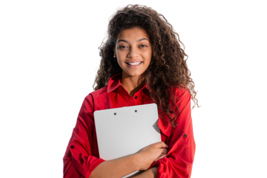 Businesswoman in red shirt standing on a transparent background with documents.