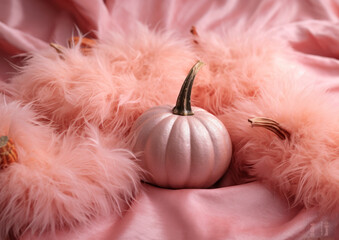 Pink pumpkin in on pink pastel feather fabric texture. Generative AI