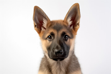 With a backdrop of pure white, a baby german shepherd poses gracefully under the enchanting studio light. Generative AI.