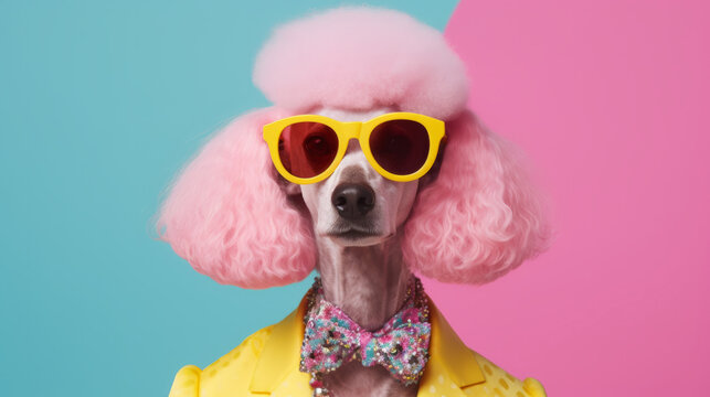 Poodle dog is wearing pink and yellow sunglasses in style of eye-catching resin jewelry. Generative AI