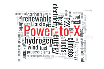 Illustration in the form of a cloud of words related to Power-to-X technology. P2X