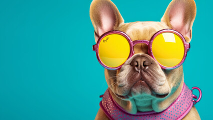 Pug dog is wearing pink and yellow sunglasses in style of eye-catching resin jewelry. Generative AI