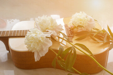 Three delicate white peonies lie on the sound box of the guitar. Music background for advertising.