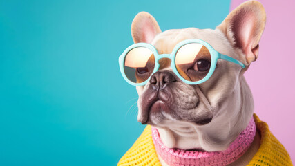 Obraz na płótnie Canvas Pug dog is wearing pink and yellow sunglasses in style of eye-catching resin jewelry. Generative AI