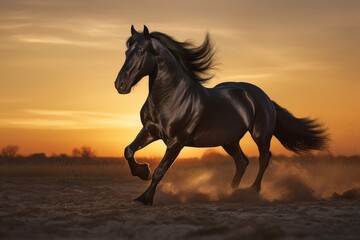 Fototapeta na wymiar Black stallion horse in sunset running free with mane, AI