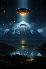 Alien flying over the ocean at night Background - Night Ocean Extraterrestrial Otherworldly Flight Across the Sea Wallpaper created with Generative AI Technology