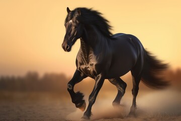 Obraz na płótnie Canvas Black stallion horse in sunset running free with mane, AI generated
