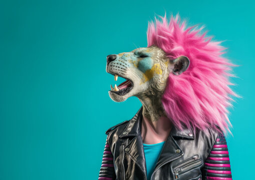 Punk rock lion dressed as a fashion model agains minimal studio background. Generative AI