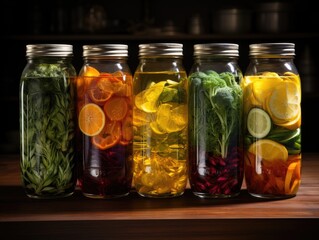Fototapeta na wymiar jars of different colored liquid with different colored liquid in them