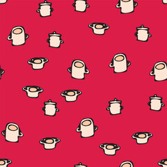 doodle cooking pots seamless vector pattern on red