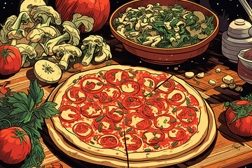 Pizza food illustration in cartoon style
