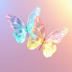 Fototapeta premium Transparent glowing butterflies in rainbow color, miimla pastel background. Generative AI