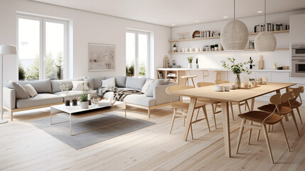 Scandinavian Indoor Design: Inspiring Real-Estate Rooms, Nature-Inspired new modern loft apartment. 3d rendering
Generative AI