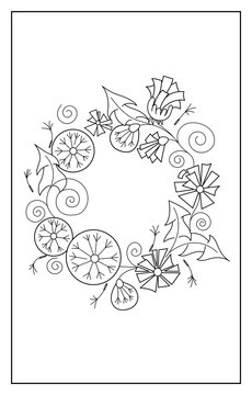 A wreath of blooming dandelion flowers. Black and white floral stylization, outline vector.