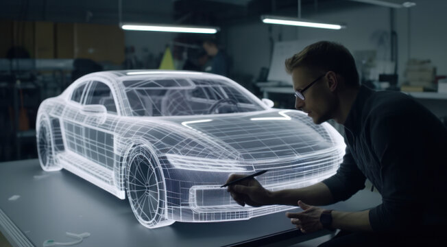 Car model on the table with a man using a digital tablet. Generative AI