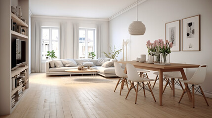 Scandinavian Indoor Design: Inspiring Real-Estate Rooms, Nature-Inspired new modern loft apartment. 3d rendering
Generative AI