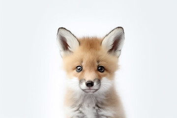 Obraz premium A baby fox captures hearts as it stands against a clean white background, radiating joy under the gentle studio light. Generative AI.