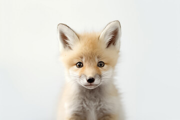 Obraz premium A baby fox captures hearts as it stands against a clean white background, radiating joy under the gentle studio light. Generative AI.