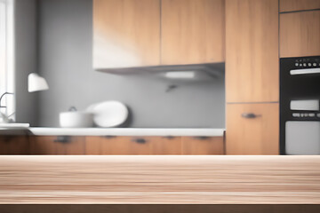 Naklejka na ściany i meble Wood table top on blurred kitchen background.