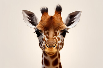 Obraz premium In the realm of innocence, a baby giraffe shines brightly on a white background, guided by the magic of studio lighting. Generative AI.