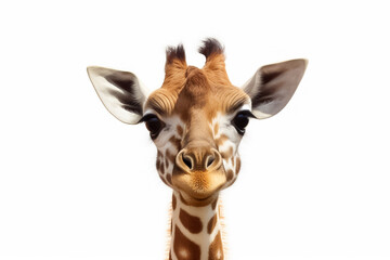 In the realm of innocence, a baby giraffe shines brightly on a white background, guided by the magic of studio lighting. Generative AI.