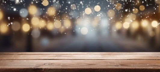 Winter holiday Christmas xmas background banner greeting card - Empty old wooden table with blue sky, snowflaces snowfall and bokeh lights in background (Generative Ai)