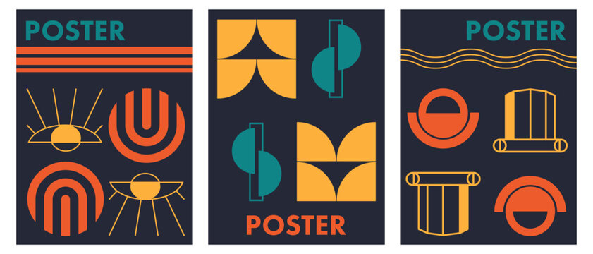 Brutalist design elements. Posters with geometric shapes. Trendy 90s style. Bauhaus design style.