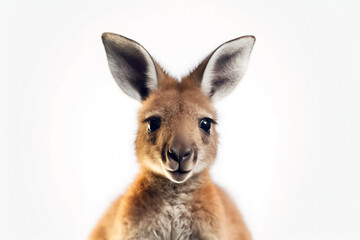 Fototapeta premium A baby kangaroo's adorable presence shines brightly against a clean white background, accentuated by the soft studio light. Generative AI.