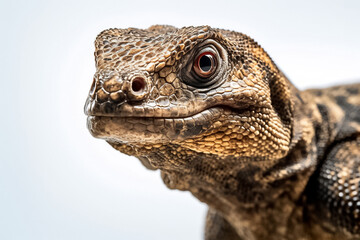 Fototapeta premium With innocence and charm, a baby komodo dragon poses against a pristine white backdrop, illuminated by the captivating studio light. Generative AI.
