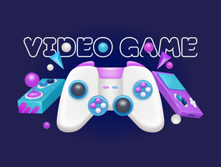 Video Games, 3d illustration. White gamepad for gaming, pocket console and arcade joystick. Isolated 3d object on dark purple background. perfect for design elements and banners