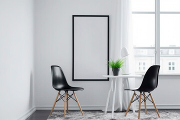 Black frame hanging on a white wall in a modern apartment created with Generative AI technology