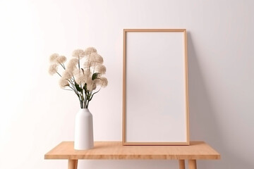 Wooden vertical frame on a table, white flowers in a vase on the left created with Generative AI technology
