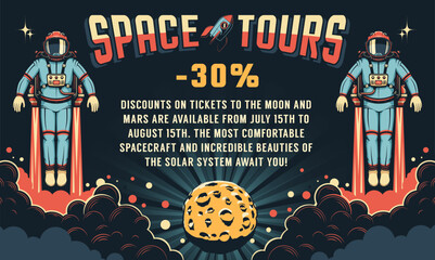 Space poster in retro style with astronauts wearing jetpacks. Vintage poster for space tours. Vector illustration.