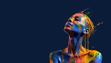 Naklejka premium A young, smiling woman on a navy blue background. Face and arms covered with flowing paint in various colors.Generative AI.