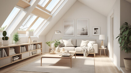 Fototapeta premium Scandinavian Indoor Design: Inspiring Real-Estate Rooms, Nature-Inspired new modern loft apartment. 3d rendering Generative AI