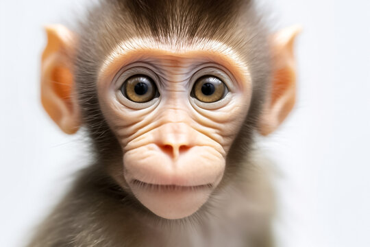 With grace and elegance, a baby monkey stands out on a pristine white backdrop, guided by the mesmerizing studio light. Generative AI.
