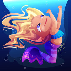 A mermaid in a blue tank top and purple fin costume with yellow blond hair swims underwater