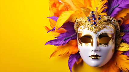 venetian carnival mask on yellow background created with Generative AI