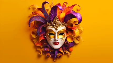 Foto op Plexiglas venetian carnival mask on yellow background created with Generative AI © kimly
