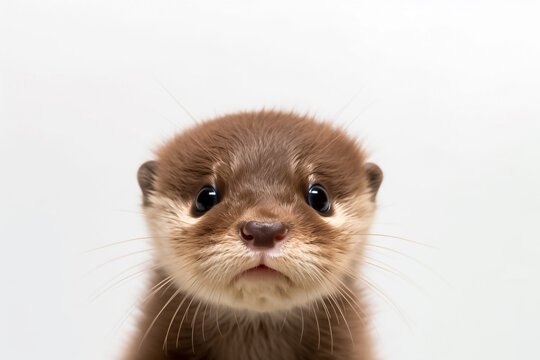 In the realm of pure delight, a baby otter captures hearts on a white background, bathed in the gentle glow of studio lighting. Generative AI.