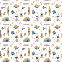 Hiking and camping seamless pattern with travel elements. Seamless pattern for design, posters, backgrounds Hiking, travel and camping theme. Tent, guitara, mug, map, camera, binoculars.