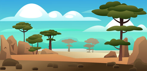 Sand, stone and trees. African acacia. Trees green foliage. Cartoon fun style. Flat design. Vector