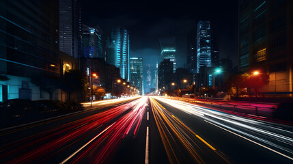 Fototapeta na wymiar Motion traffic light capture driving on city at night created with Generative AI
