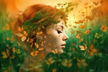 Fototapeta premium The head of a beautiful woman in the grass with butterflies and flowers around her, with light orange and green colors, woman integrated in nature. Generative AI