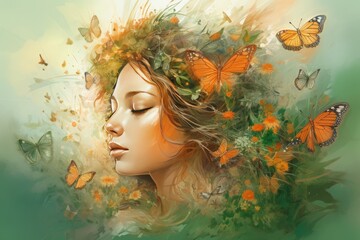 The head of a beautiful woman in the grass with butterflies and flowers around her, with light orange and green colors, woman integrated in nature. Generative AI
